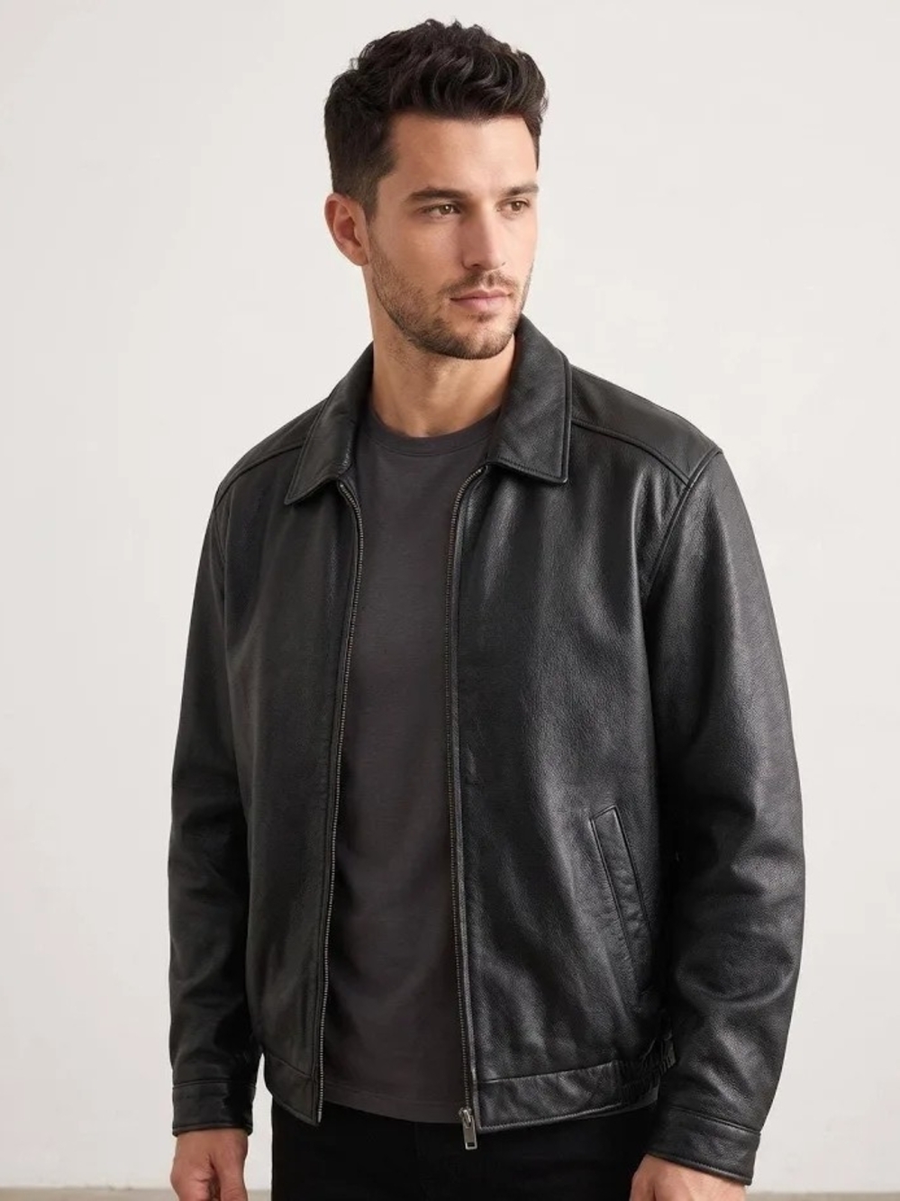 croft & barrow Men's Black Leather Bomber Jacket